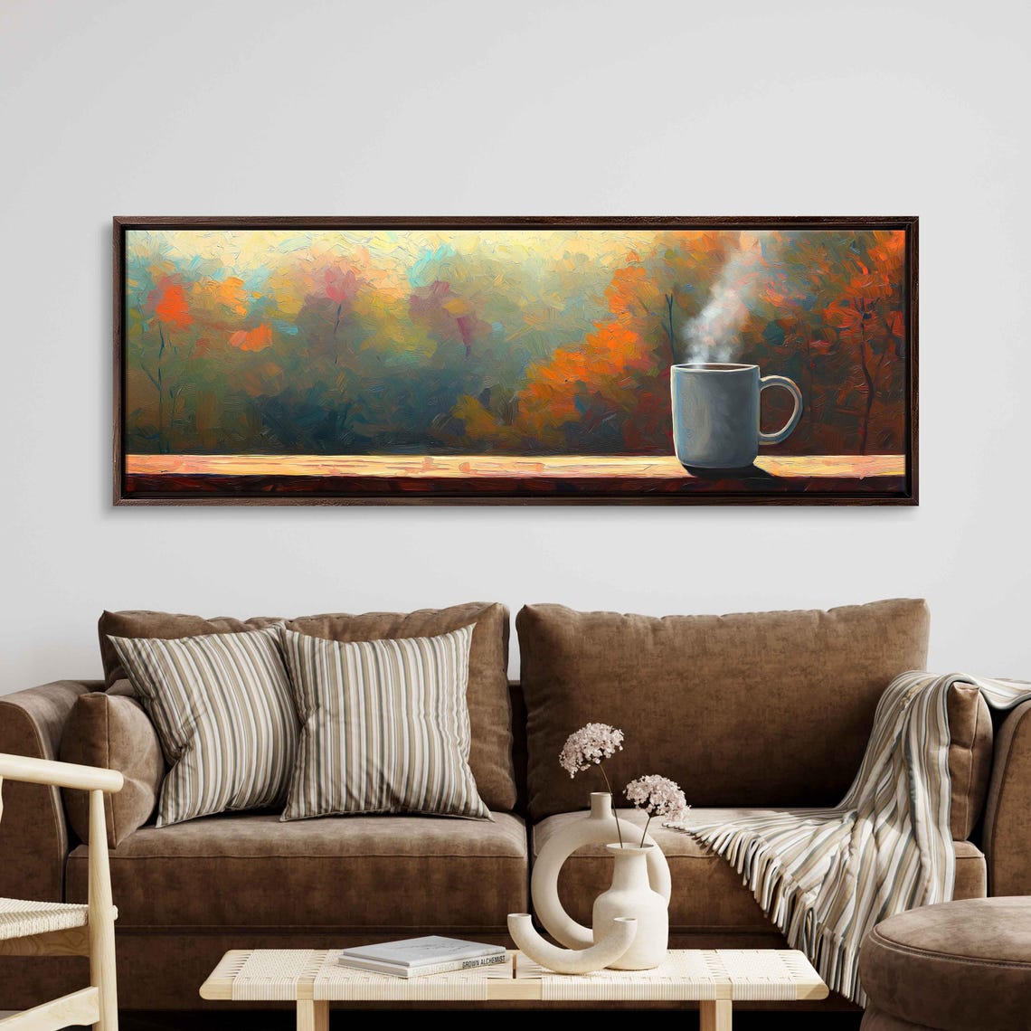 Steaming Mug On Windowsill With Misty Autumn Forest View Print
