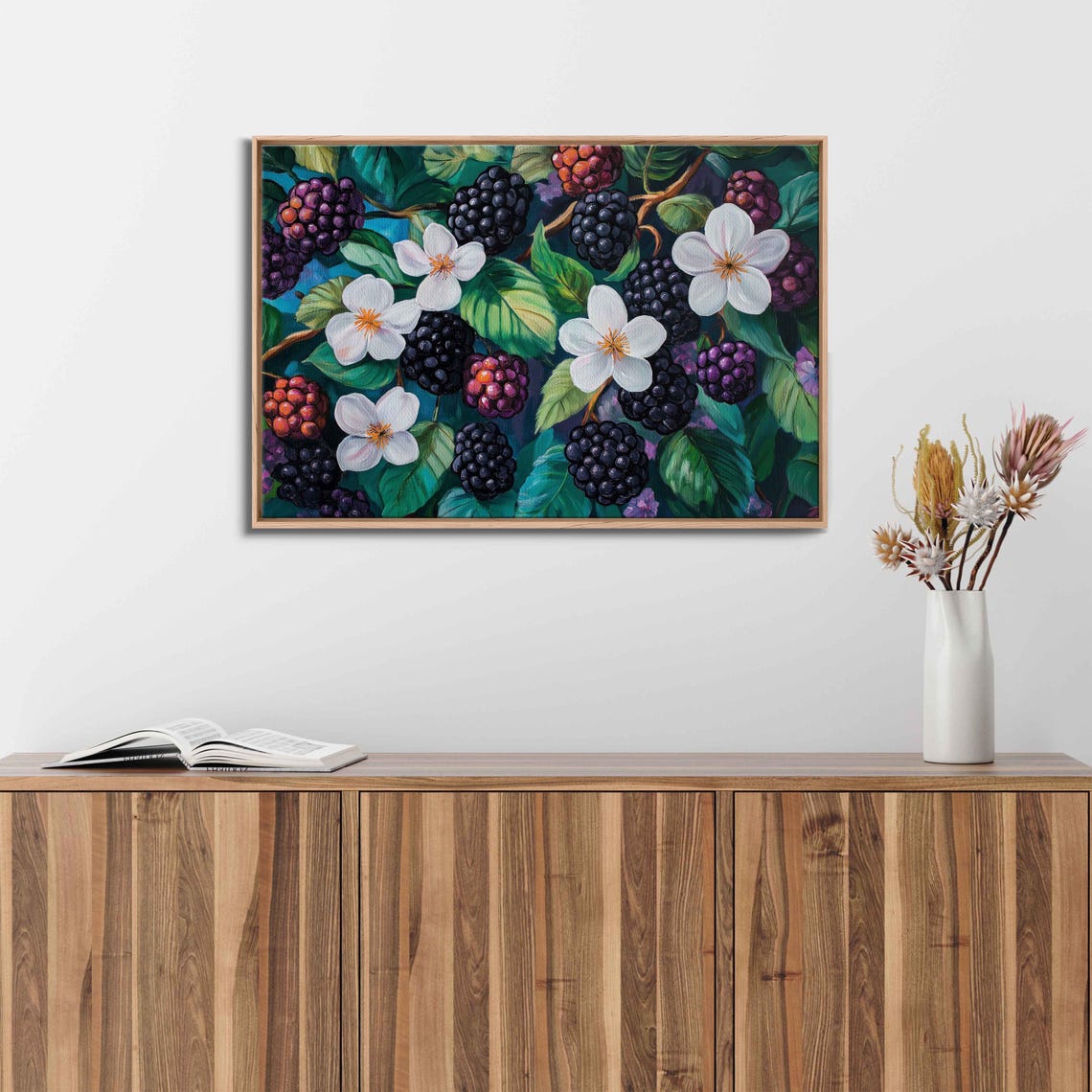 Fresh Blackberries Blossoms Botanical Painting Kitchen Fruit Wall Art