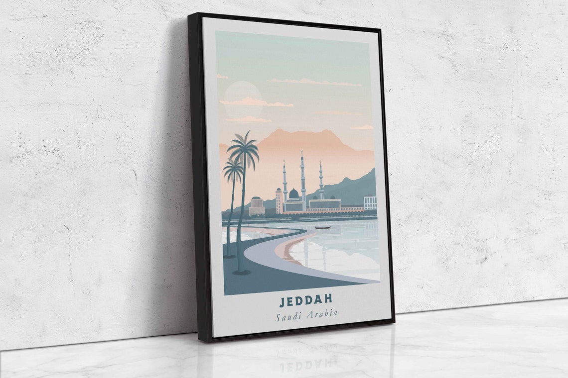 Jeddah Saudi Arabia Corniche Palm Trees Mosque Sunset Travel Poster - Image 2