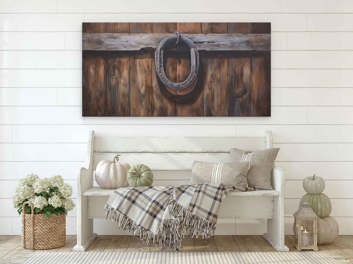 Rustic Horseshoe On Weathered Barn Door Planks Farmhouse Art Print - Image 2