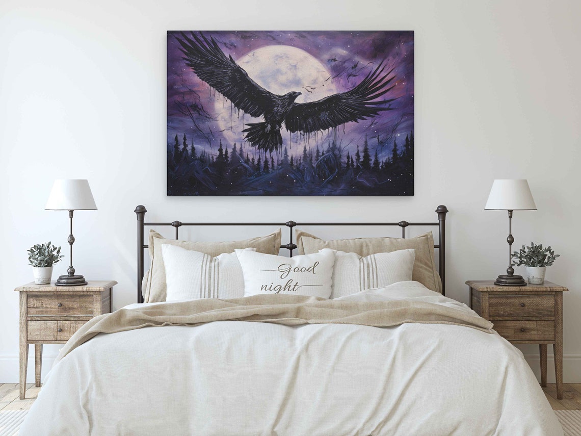Flying Crow Under Full Moon Purple Night Sky Mystical Bird Poster - Image 3