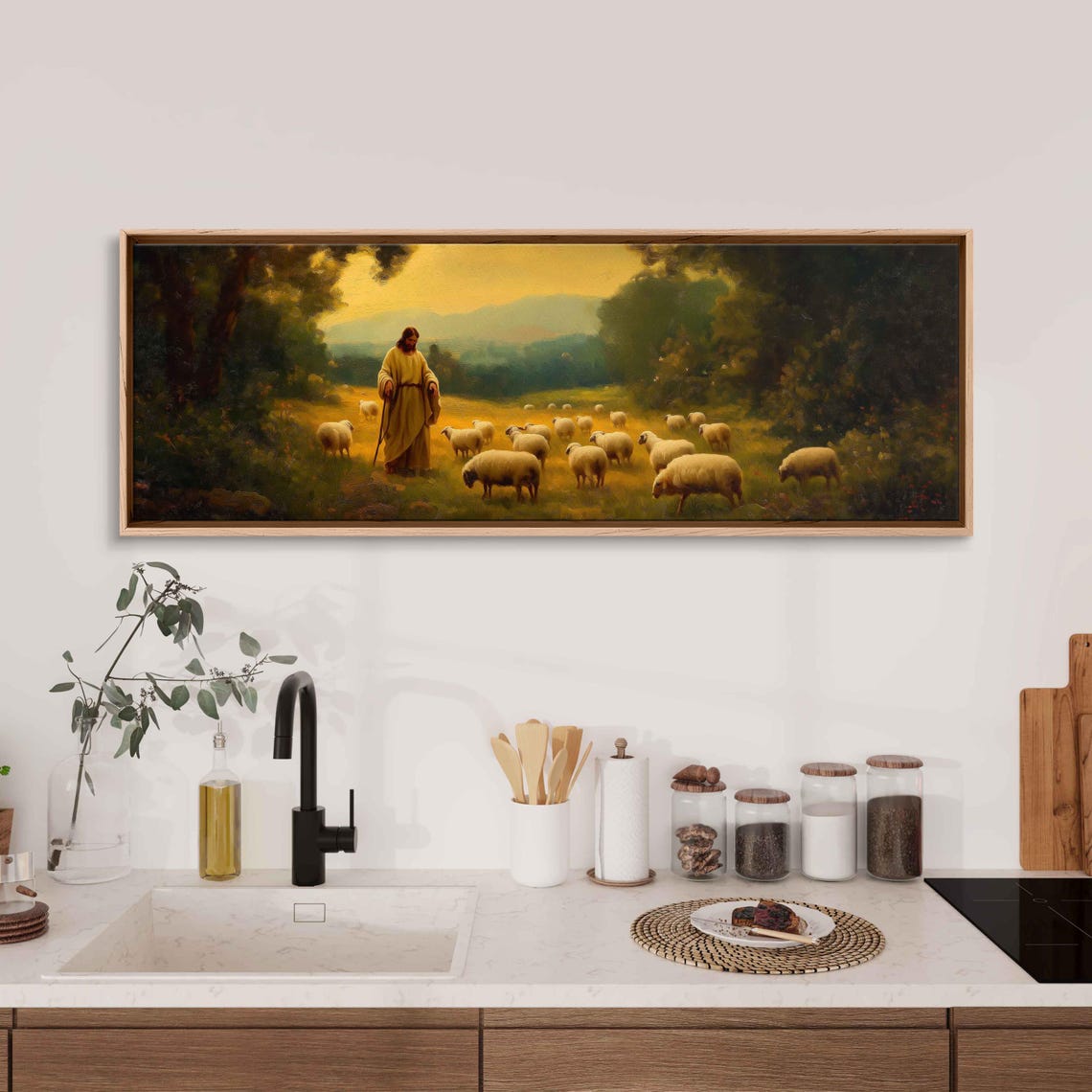 Jesus Christ the Good Shepherd Among Sheep Golden Meadow Poster - Image 3