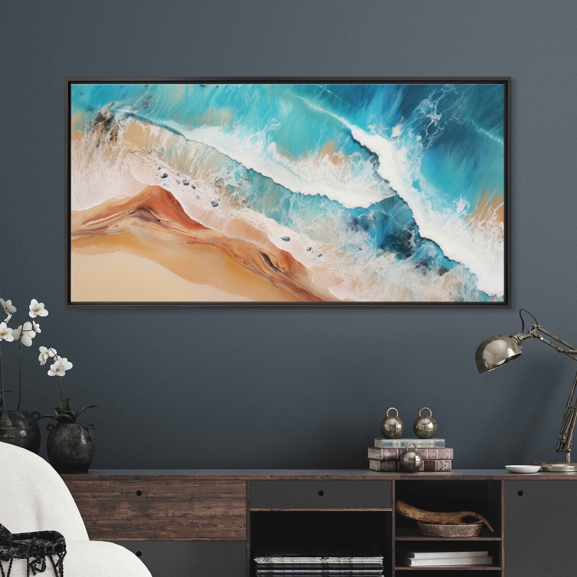 Abstract Aerial Ocean Waves Swirling Foam Terracotta Sand Beach Art Print - Image 2