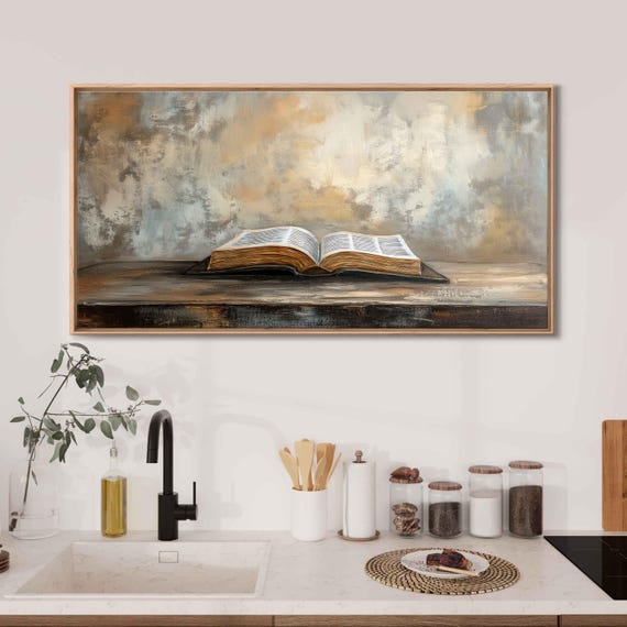Open Bible On Wooden Table Wall Art Print Minimalist Earthy Tones Peaceful Design