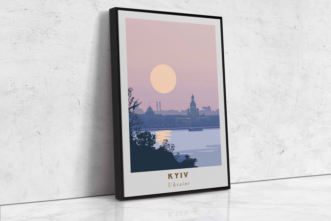 Kyiv Ukraine Dnipro River Skyline Silhouette Sunset Travel Poster - Image 2