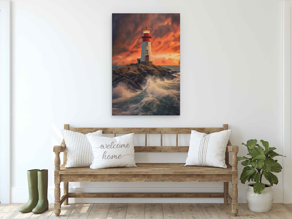 Lighthouse on Rocky Island Waves Crashing Sunset Ocean Decor Poster - Image 2
