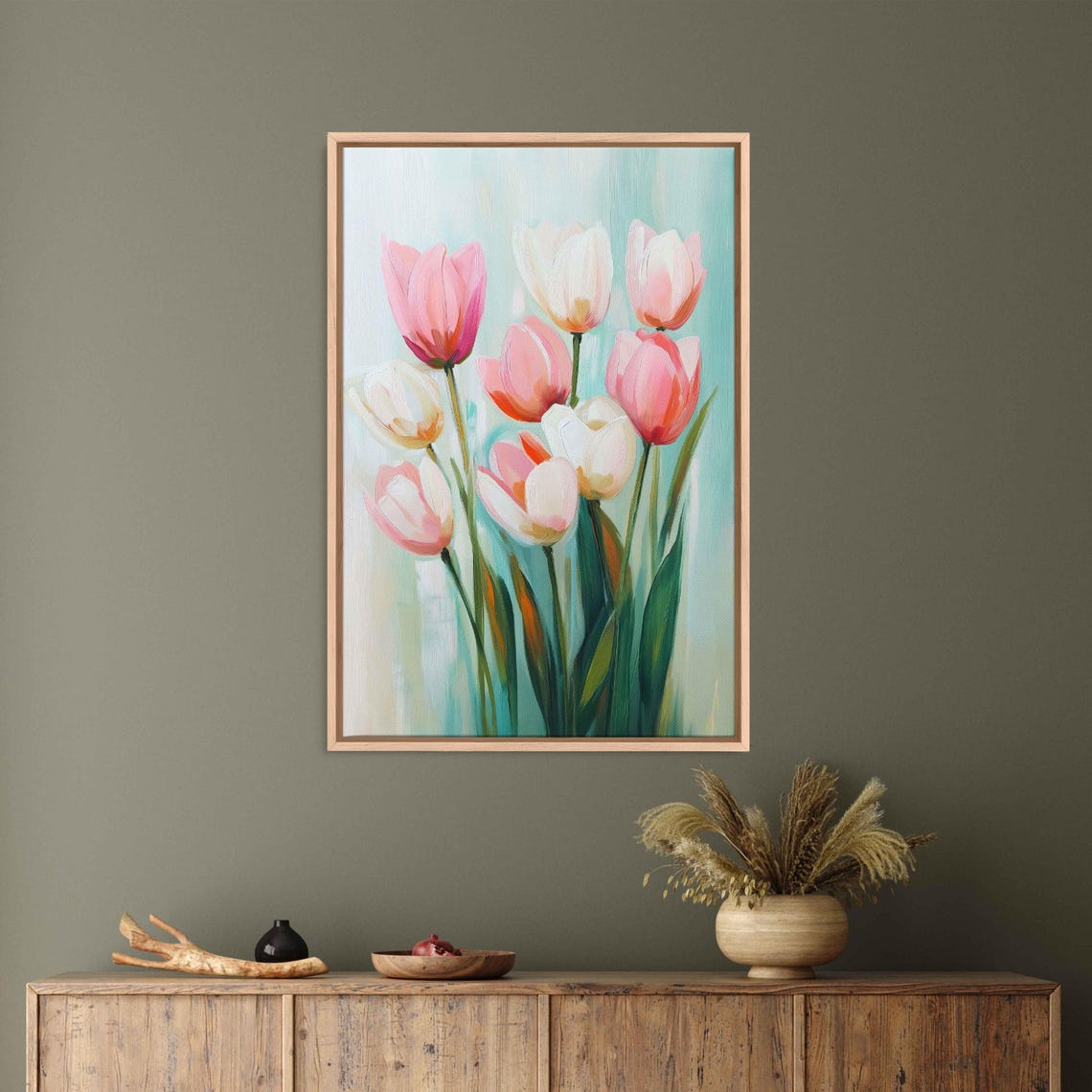 Pink Tulip Blossoms Pastel Abstract Teal Floral Botanical Print - Image 3