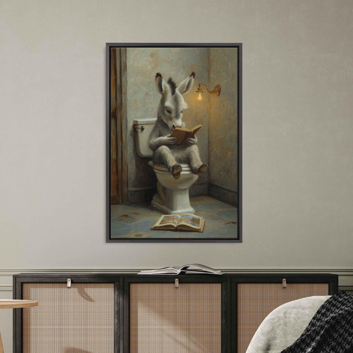 Donkey Reading Book On Toilet Vintage Bathroom Humor Wall Art Print