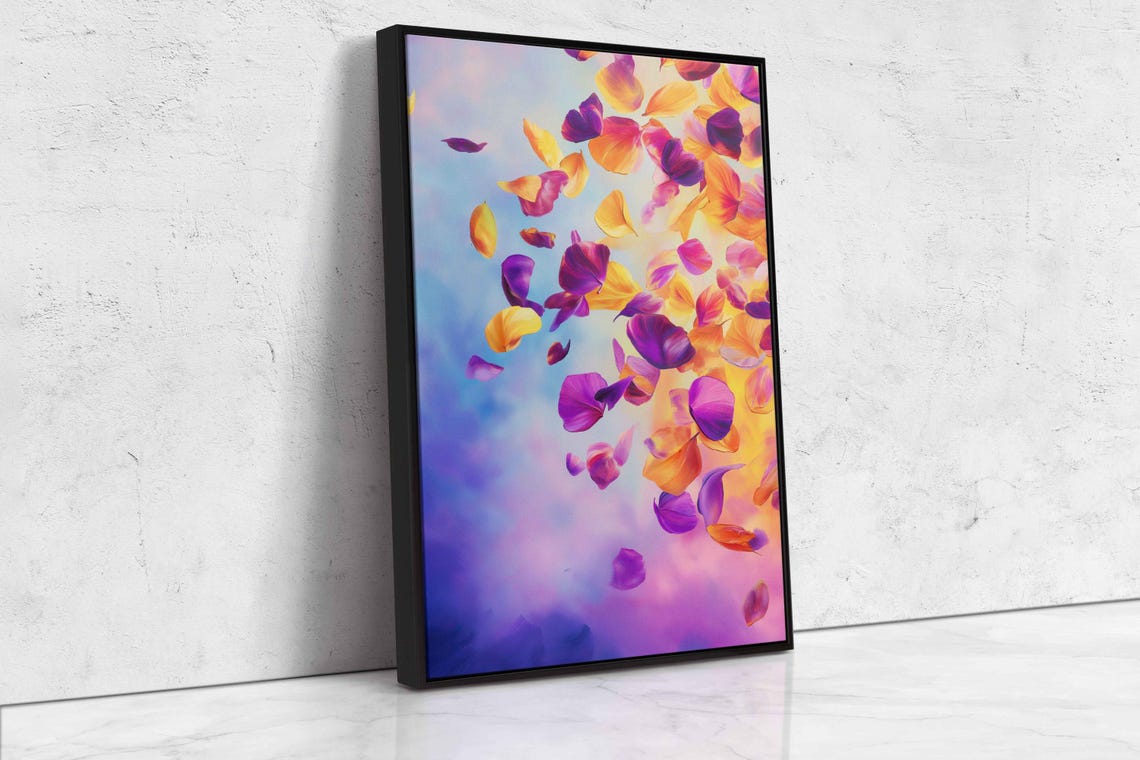 Scattering Flower Petals in Wind Painting Purple Yellow Abstract Print - Image 4