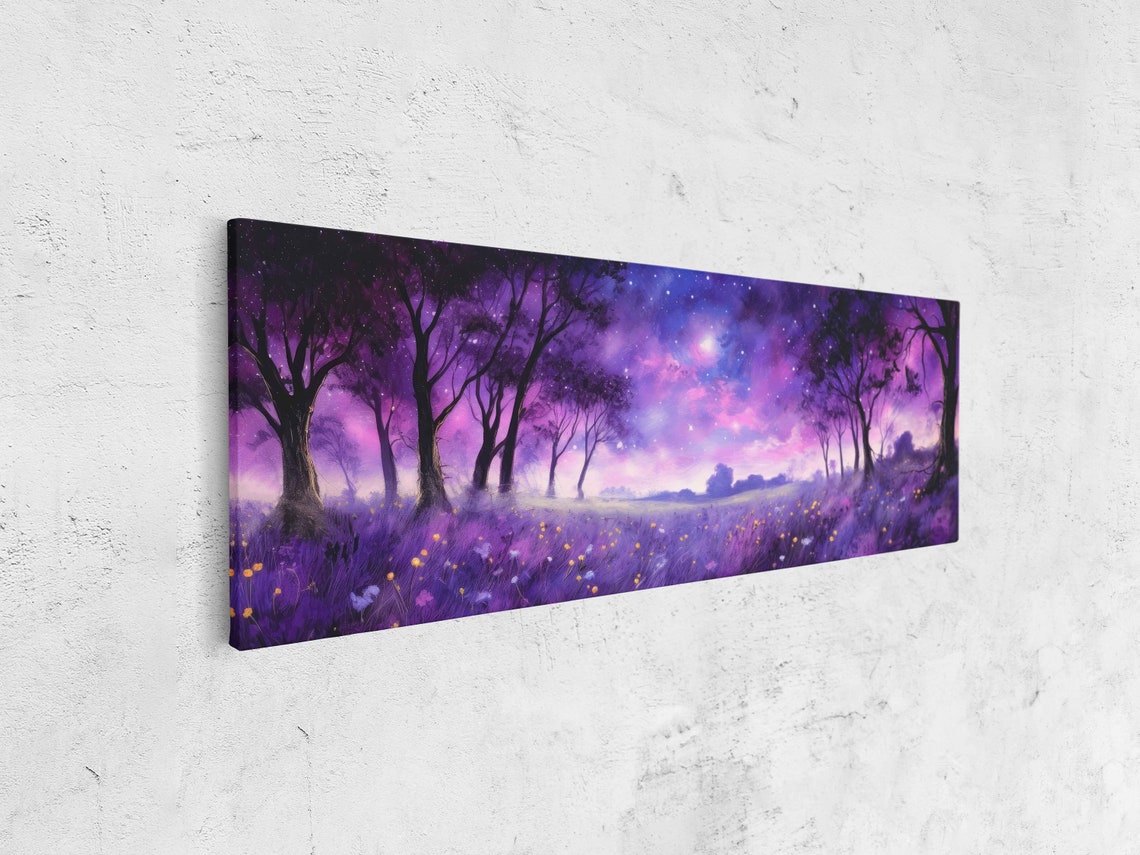 Lavender Field Moonlit Night Purple Starry Trees Panoramic Art Print - Image 4