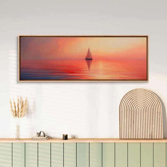 Sailboat At Sunset Coral Sea Minimalist Panoramic Wall Art Print