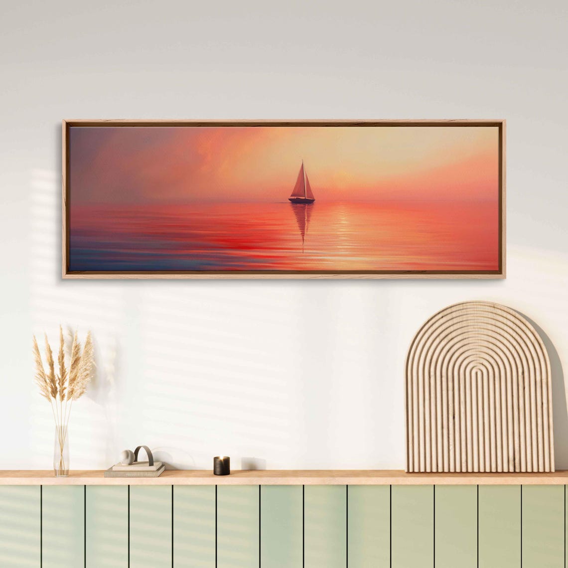Sailboat At Sunset Coral Sea Minimalist Panoramic Wall Art Print