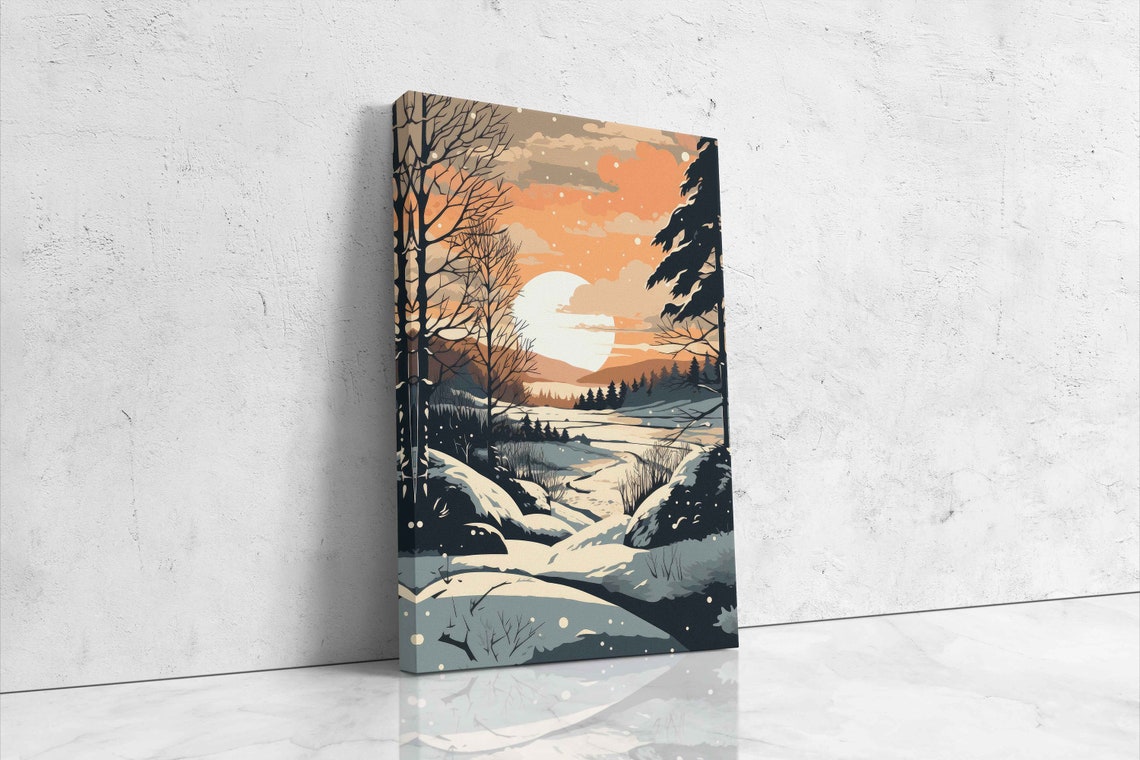 Winter Sunset Moonrise Snowy Forest Pop Art Landscape Poster - Image 4