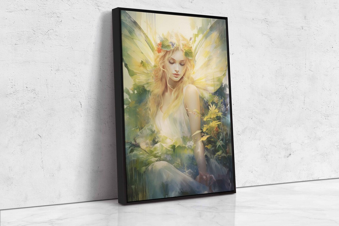 Radiant Golden Watercolor Angel Fairy With Wings Among Flowers Poster - Image 4