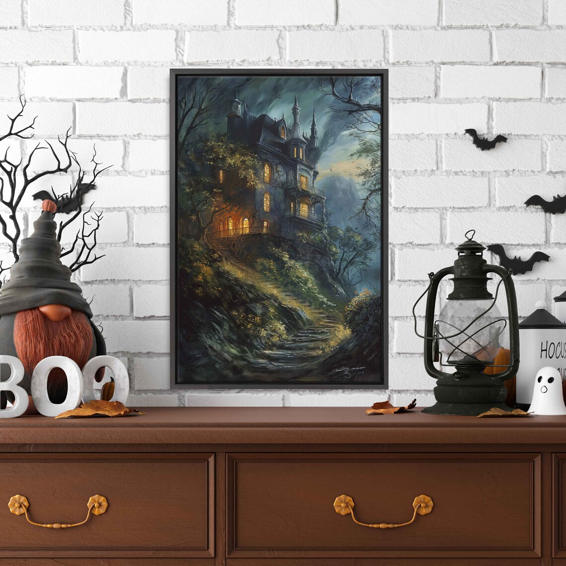 Eerie Victorian Mansion On Cliff With Glowing Windows In Foggy Night Wall Art