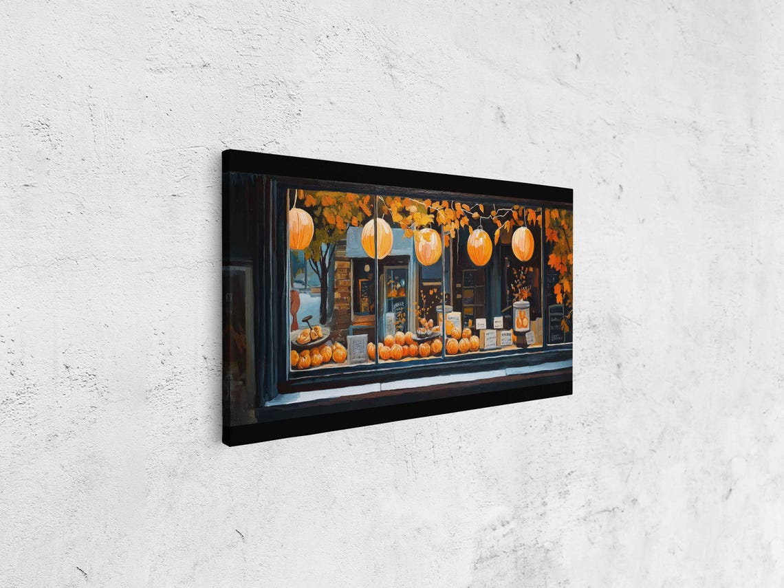 Cozy Coffee Shop Window With Pumpkin Lanterns At Night Art Print - Image 4