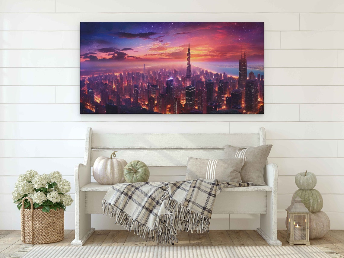 Neon City Skyline Aerial Dusk Purple Sky Futuristic Urban Poster - Image 2