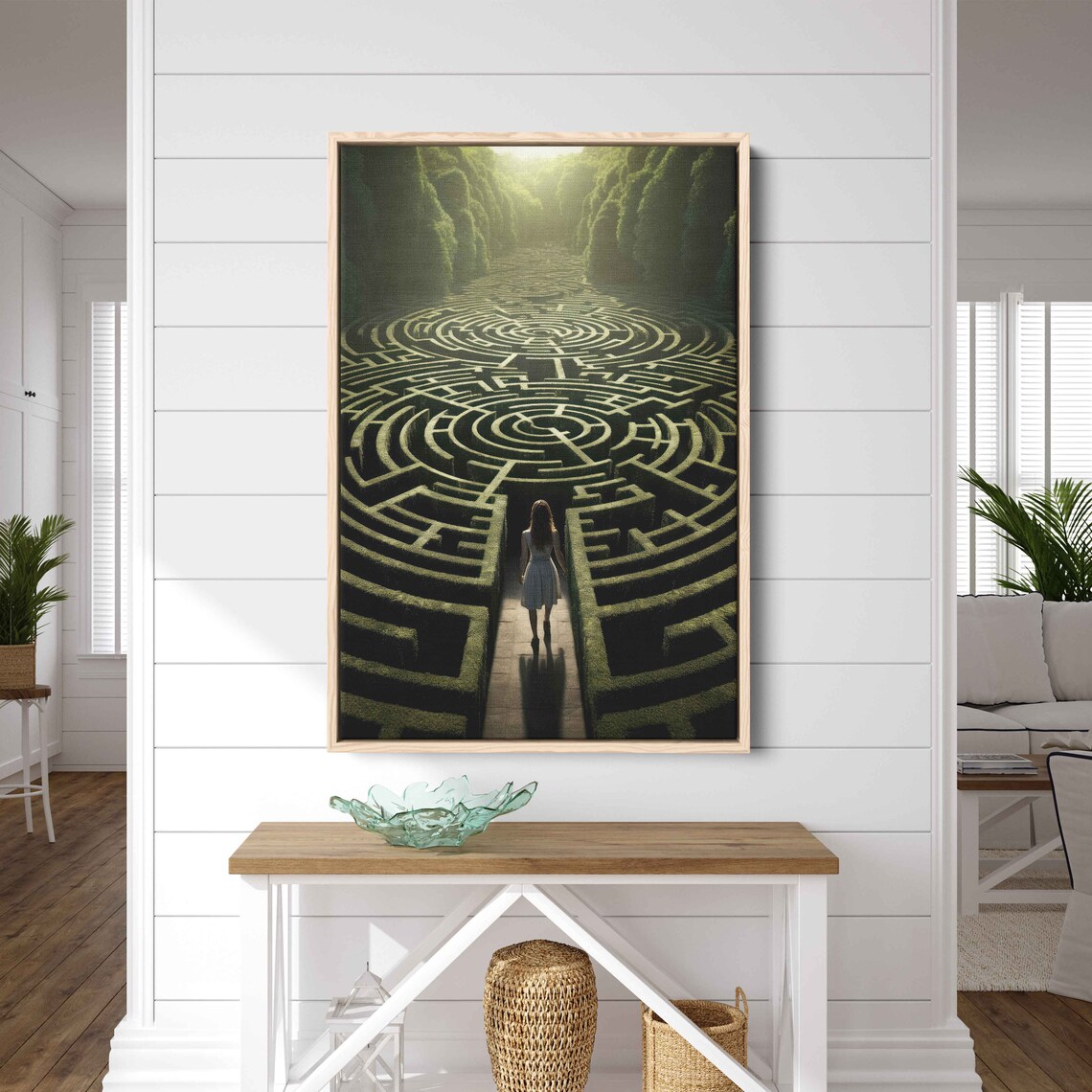 Girl At Entrance Of Giant Hedge Maze Sunlit Garden Labyrinth Art Print - Image 2