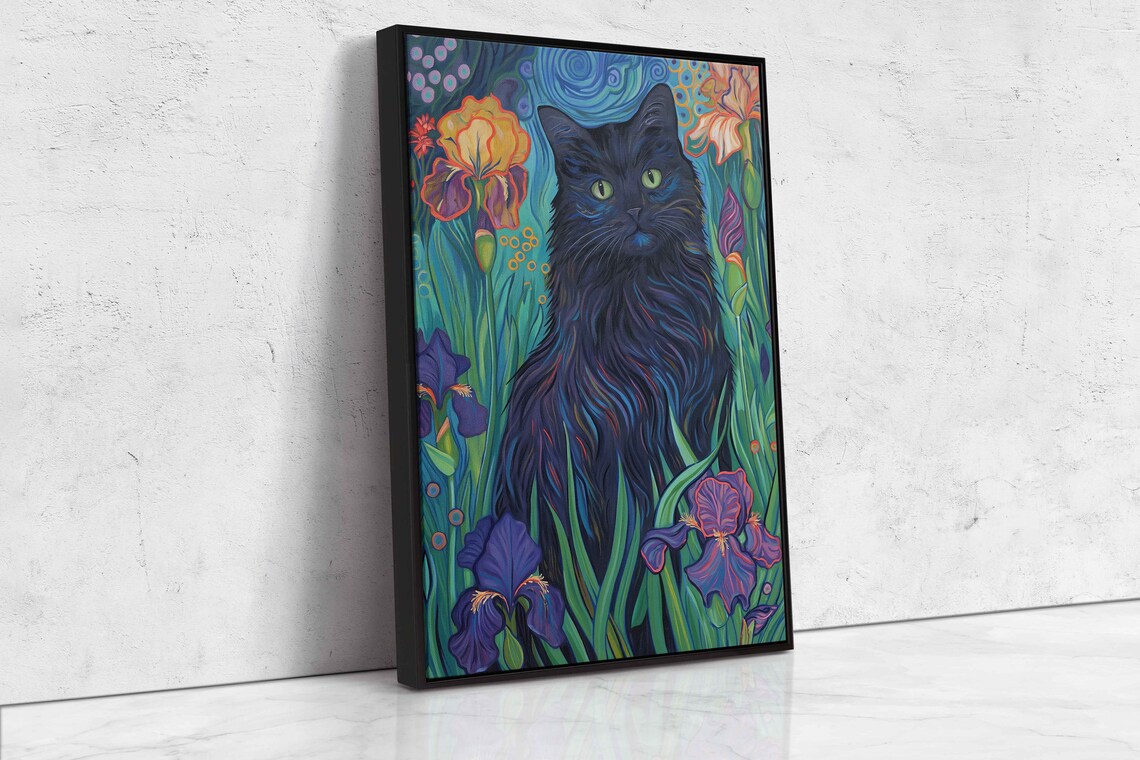 Black Cat Among Colorful Iris Flowers Van Gogh Style Whimsical Art Poster - Image 4