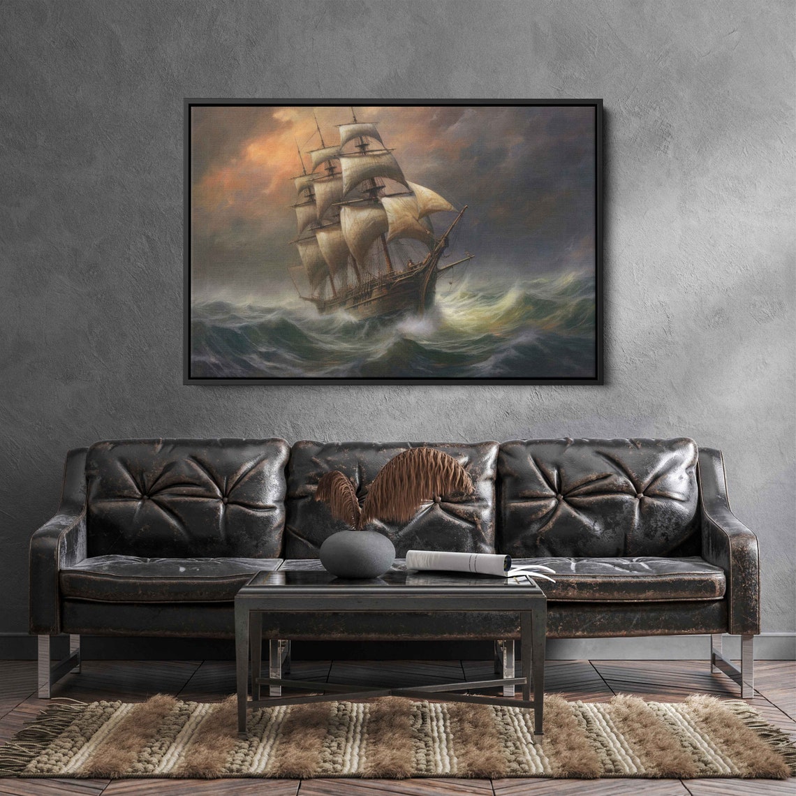 Vintage Tall Ship Full Sails Stormy Sea Sunset Acrylic Painting Print