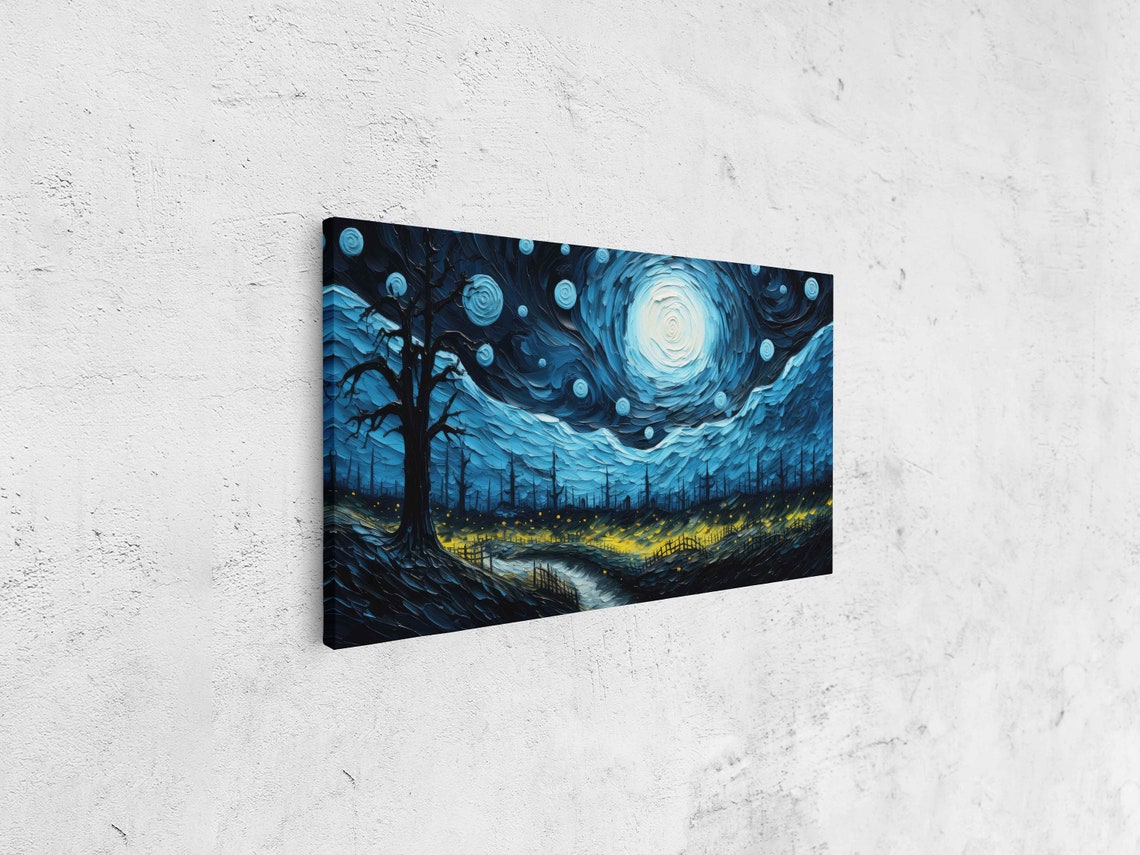 Starry Night Swirling Blue Sky Twisted Tree Golden Valley Art Poster - Image 4