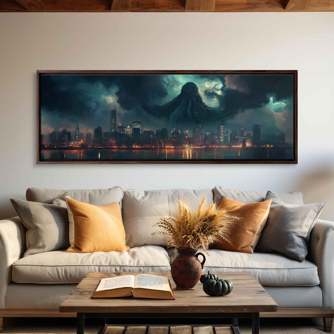Cthulhu Towering Over City Skyline, Wall Art Print