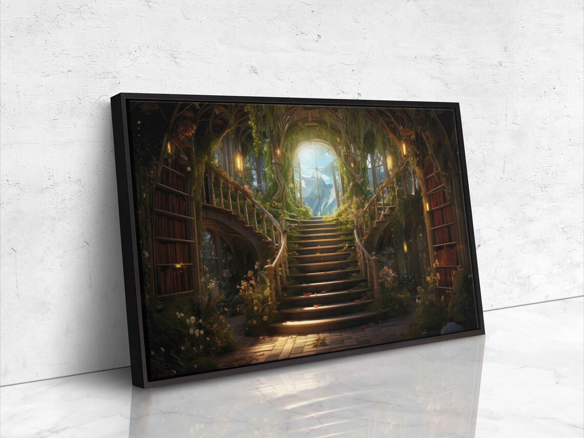 Enchanted Treehouse Library Spiral Bookshelf Staircase Vines Fantasy Print - Image 4