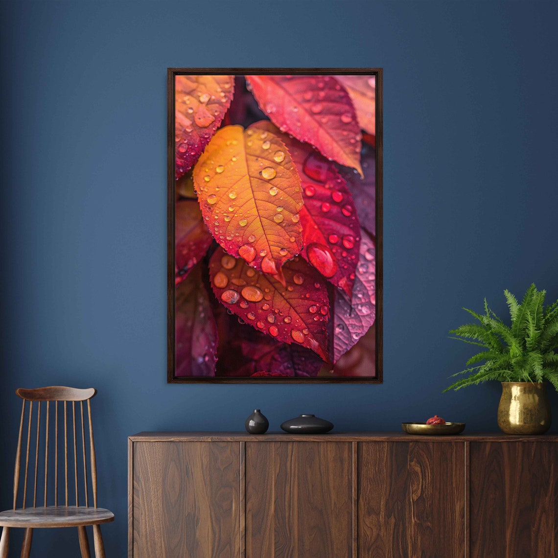 Dew Drops On Vibrant Red Orange Leaves Close Up Macro Photo Poster - Image 3