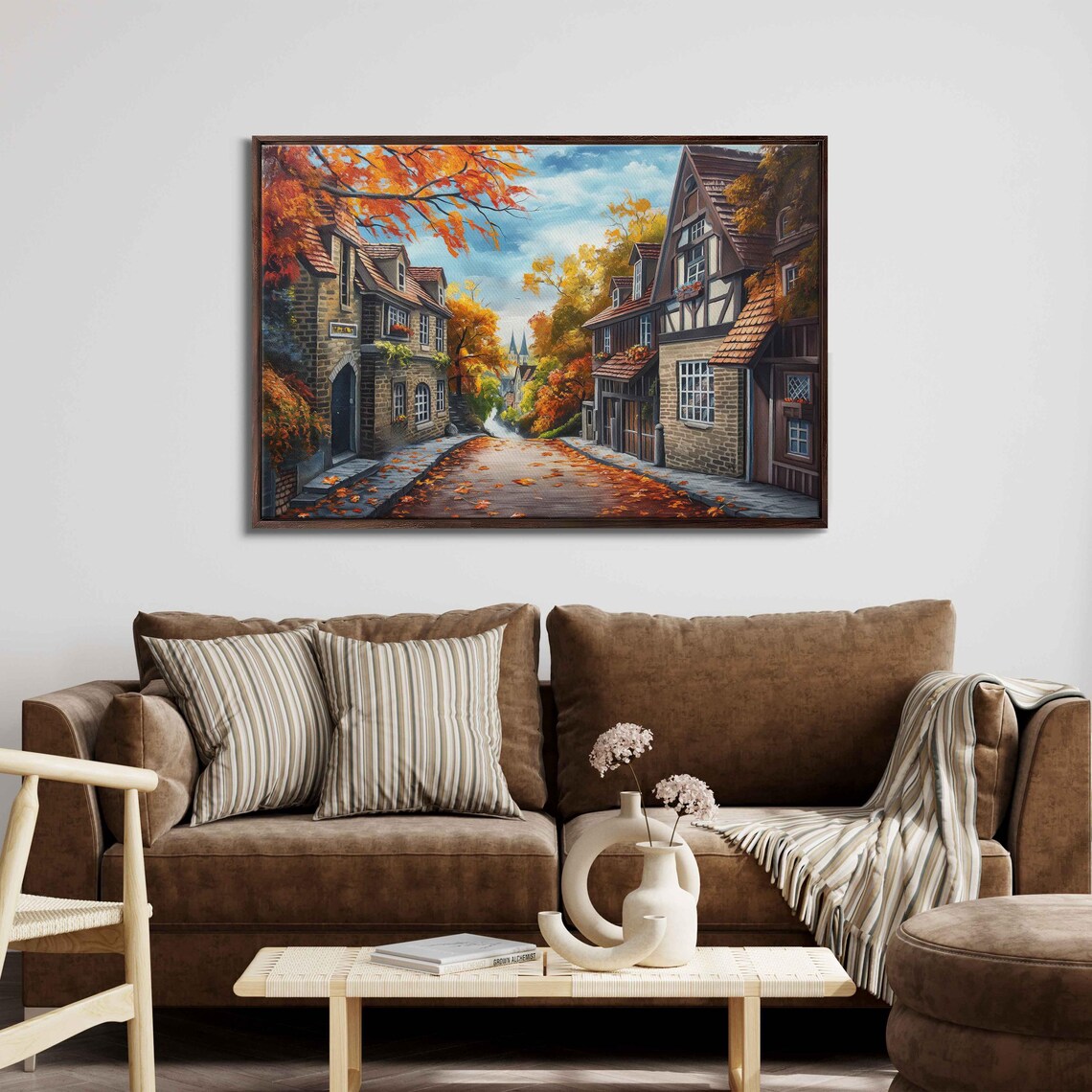 Old European Village Street In Autumn Timber Houses Painting Poster