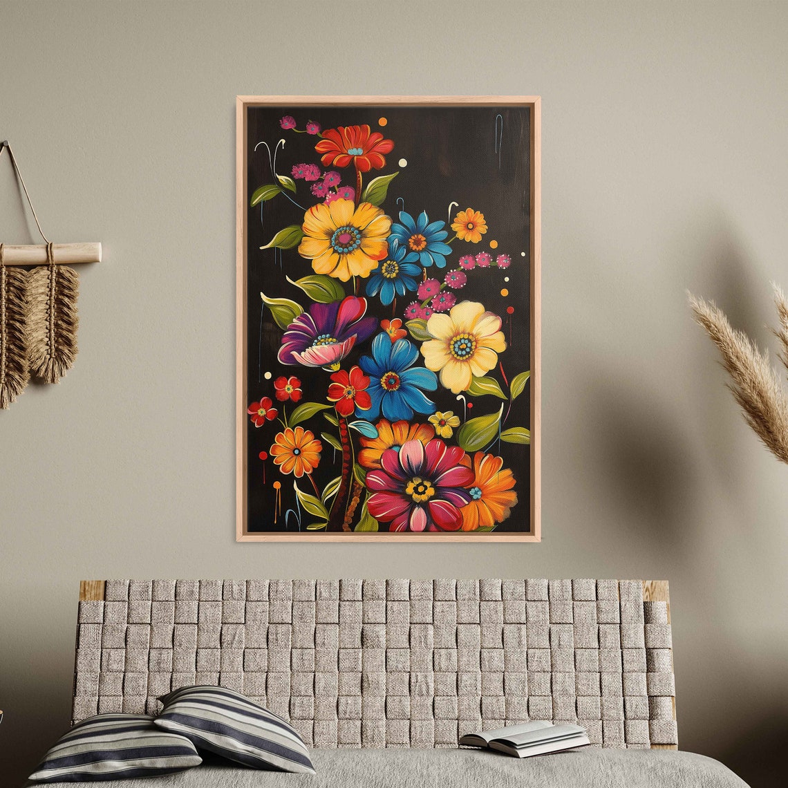 Folk Art Wildflowers Black Background Red Yellow Blue Blooms Poster - Image 3