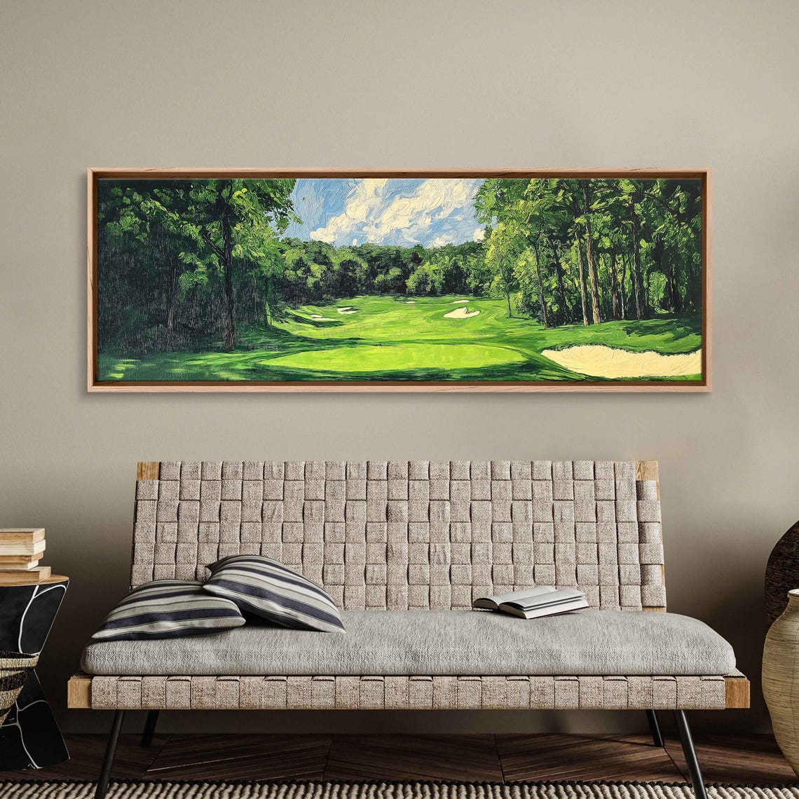 Tree Lined Golf Fairway Green Grass Sand Bunkers Painting Poster