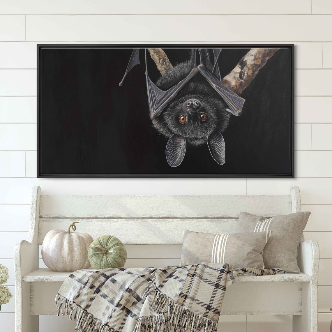 Black Bat Hanging Upside Down Dark Halloween Animal Art Poster - Image 3