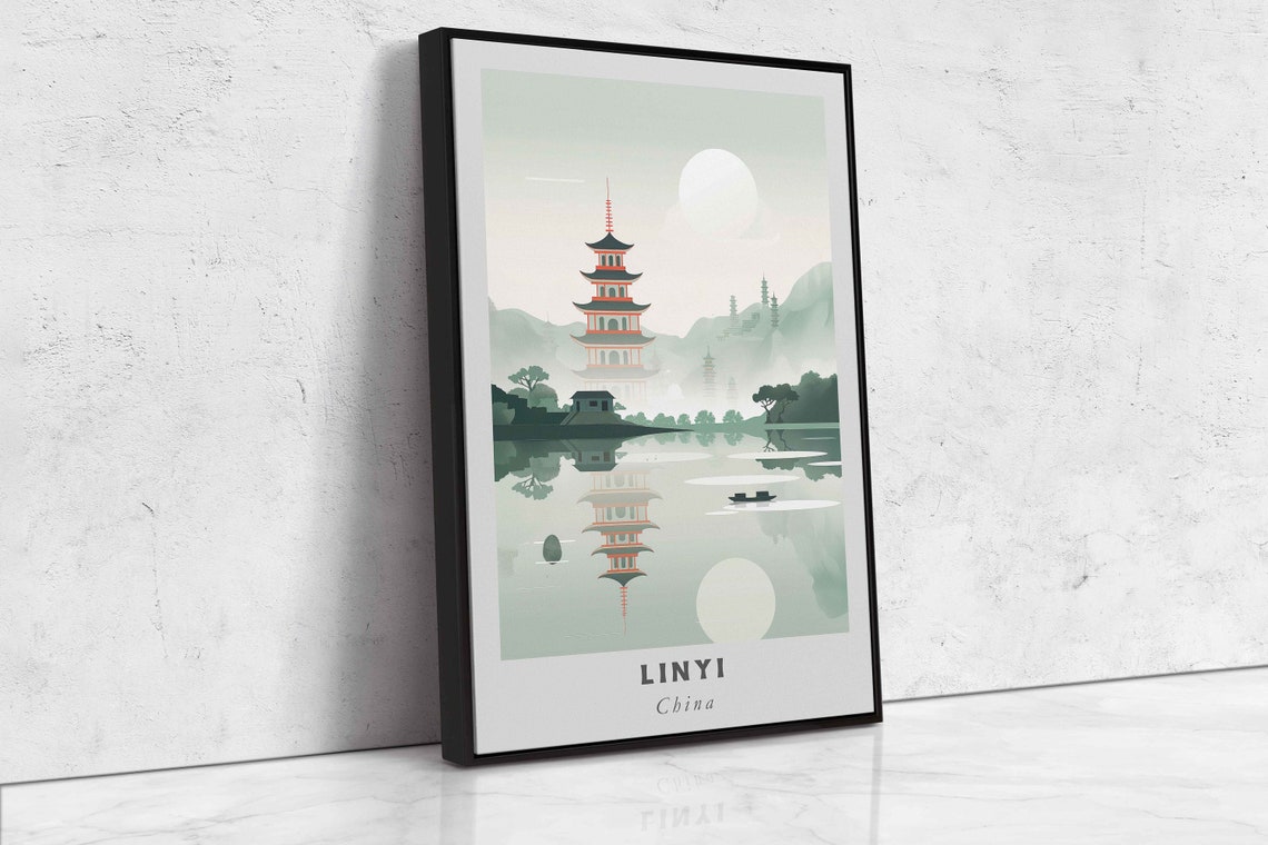 Linyi China Misty Pagoda Lake Moon Minimal Sage Green Art Poster - Image 2