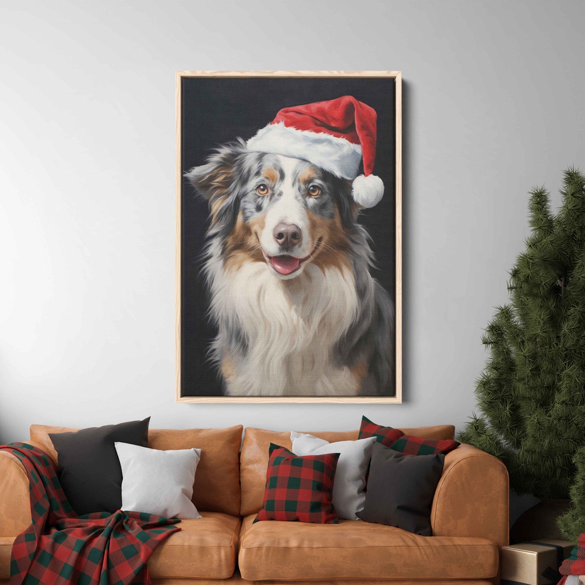 Australian Shepherd Santa Hat Smiling Christmas Portrait Poster