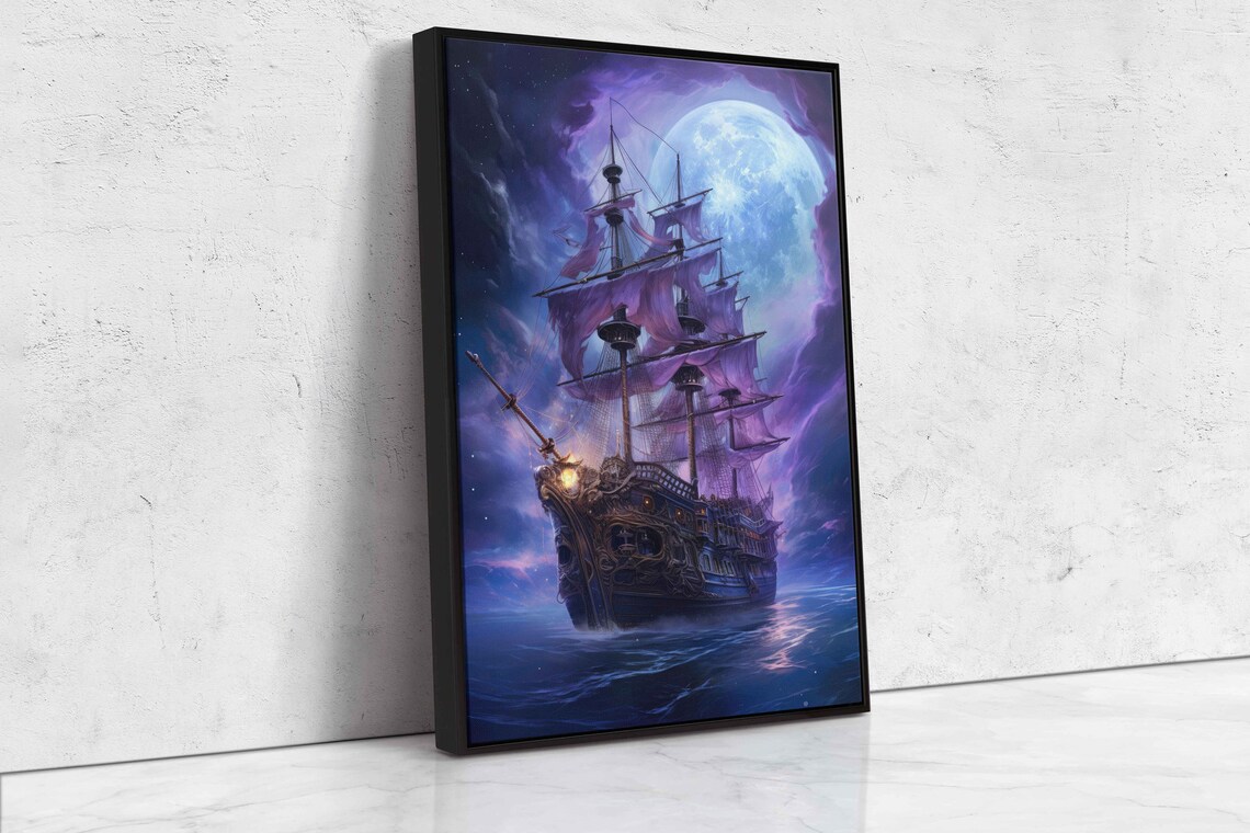 Pirate Galleon Full Moon Purple Night Sky Sailing Ship Fantasy Wall Art Poster - Image 4
