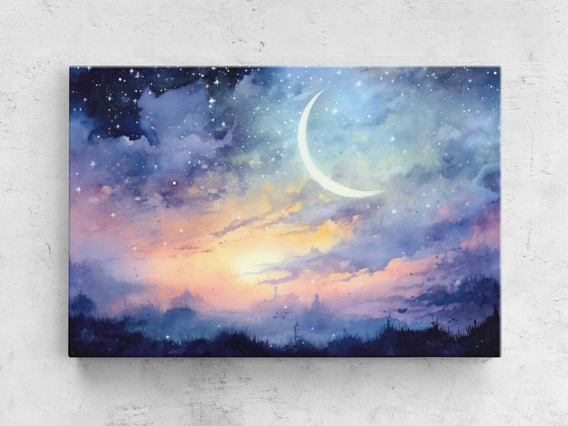 Celestial Watercolor Moonlit Landscape Art Print