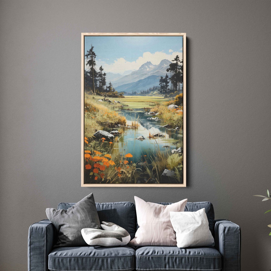 Serene Mountain Stream Wildflowers Alpine Meadow Painting Poster
