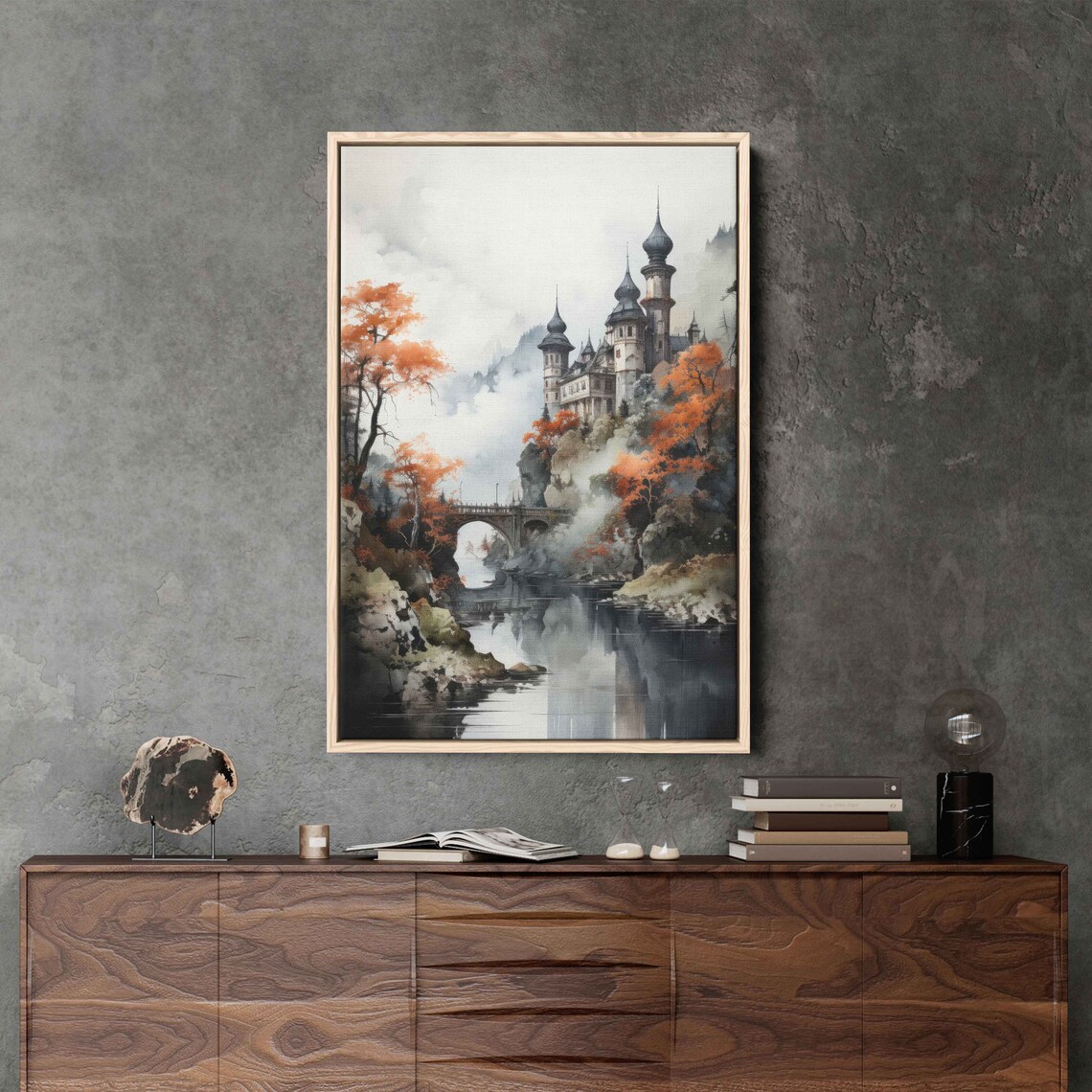 Watercolor River Castle Wall Art Print Hanging Trees Medieval Bridge Mountain Range Ready To Hang - Image 2