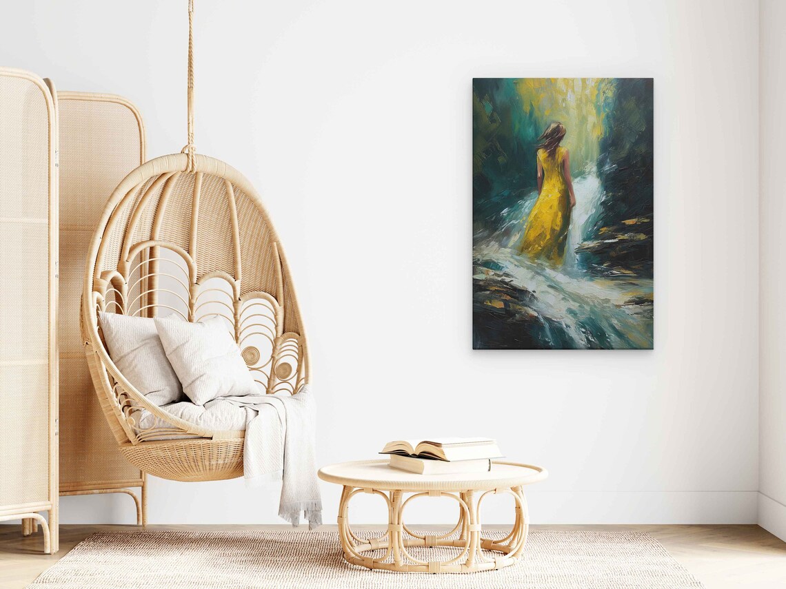 Woman In Yellow Dress Walking River Rocks Textured Oil Painting Poster - Image 3