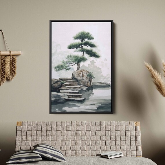 Japanese Pine Tree Rock Stone Steps Still Water Zen Watercolor Print