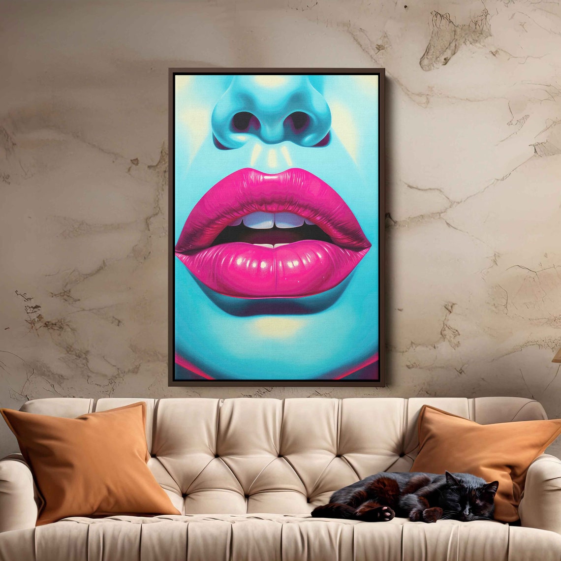 Pop Art Pink Lips On Blue Neon Face Bold Trendy Pop Culture Print - Image 2