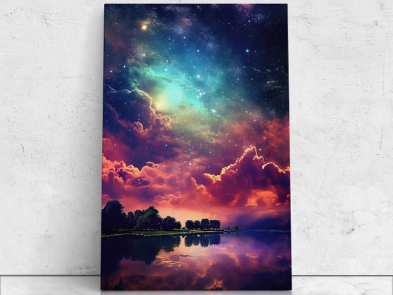 Stunning Bright Starry Night Sky Over Lake With Detailed Reflections Print On Ready To Hang