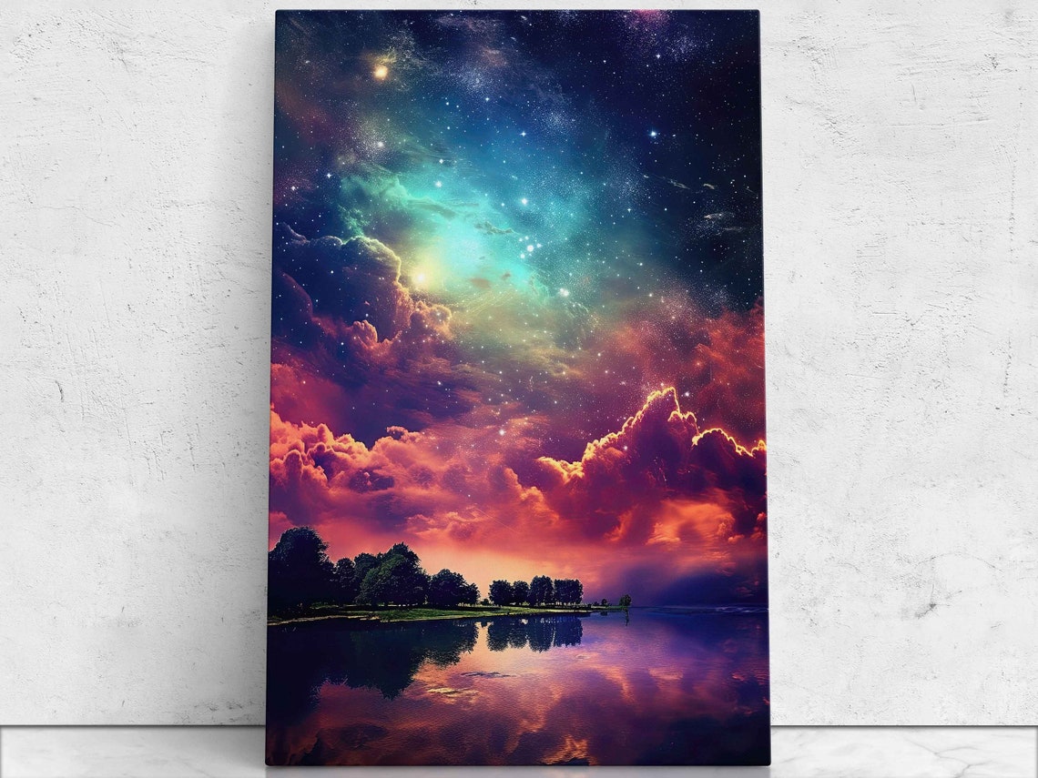 Starry Night Sky Lake Mirror Reflection Galaxy Cloud Art Poster