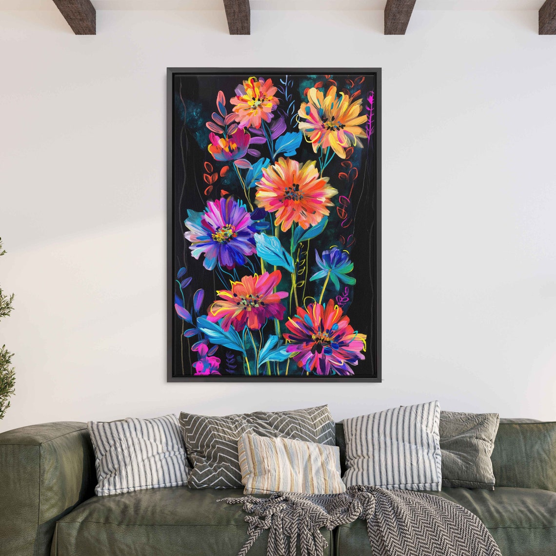 Neon Wildflowers Midnight Garden Rainbow Daisies Painting Poster - Image 3