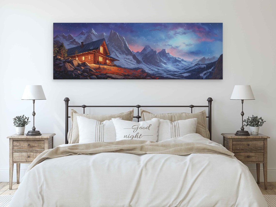 Log Cabin at Dusk Purple Starry Sky Snowy Peaks Night Art Poster - Image 3
