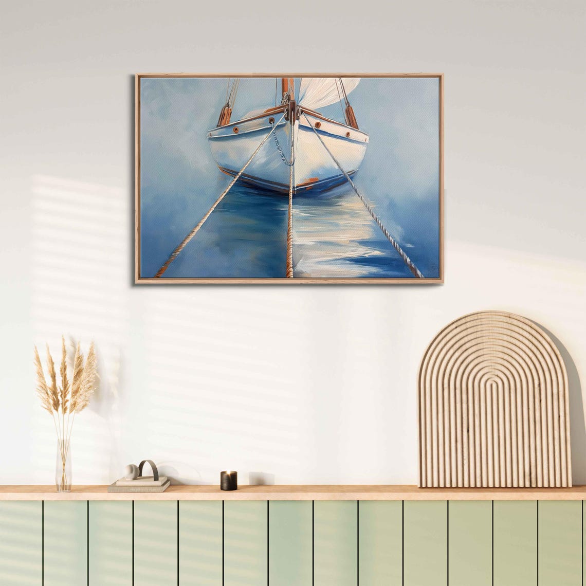 Sailboat Bow Front View With Ropes On Mirror Calm Blue Water Poster - Image 3