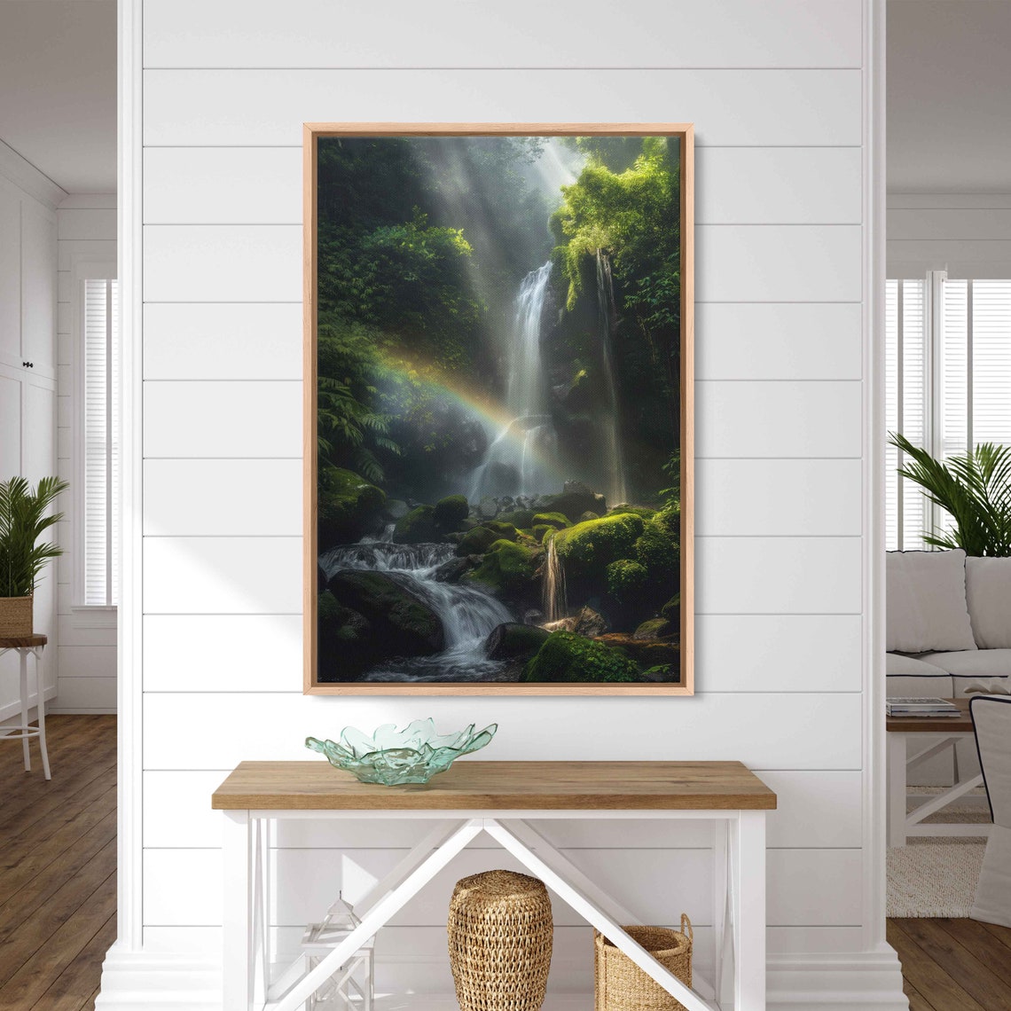 Waterfall Rainbow Cascading Down Moss Covered Rocks Wall Art Print Tropical Landscape Tranquil Art Ready To Hang - Image 2