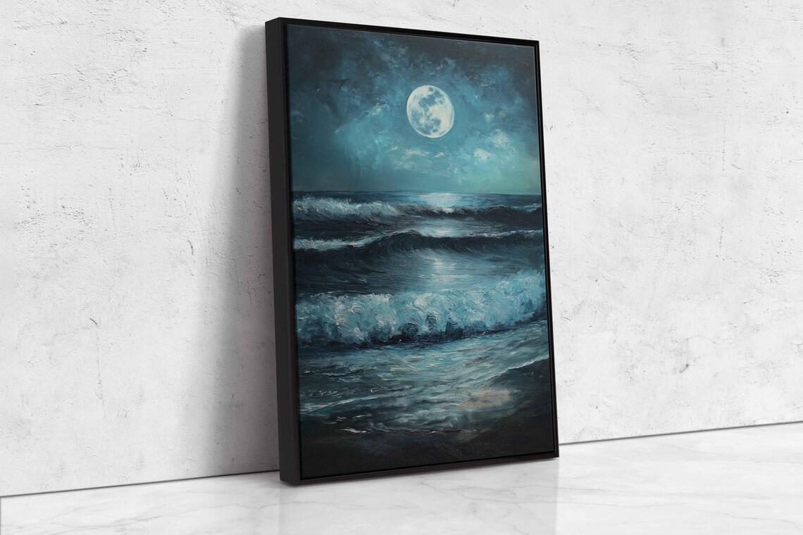 Full Moon Over Rolling Ocean Waves At Night Moonlit Seascape Painting Poster - Image 4
