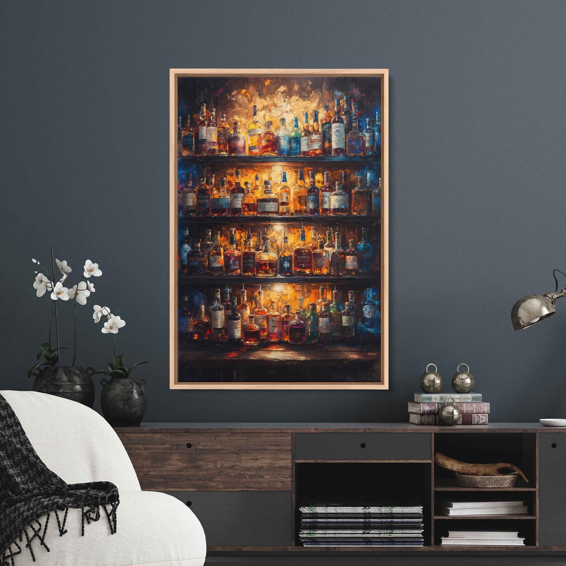 Liquor Bottles Behind Bar, Oil Painting Art Print - Image 2