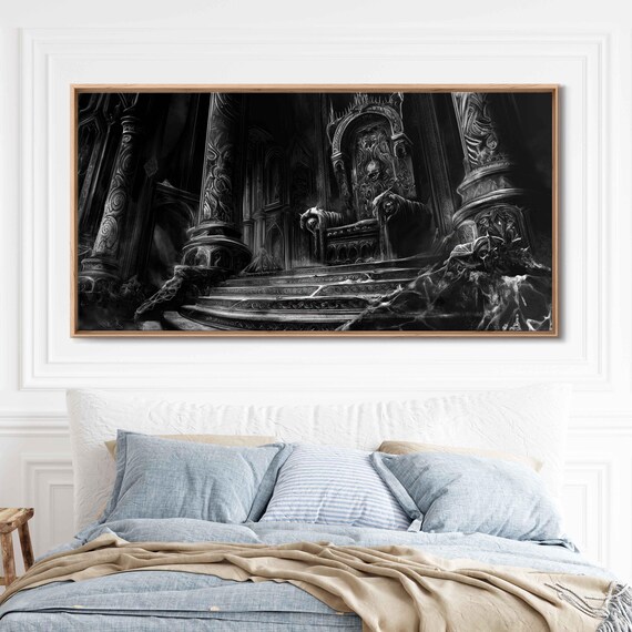 Gothic Throne Room Dark Castle Ornate Pillars Ink Art Halloween Wall Poster